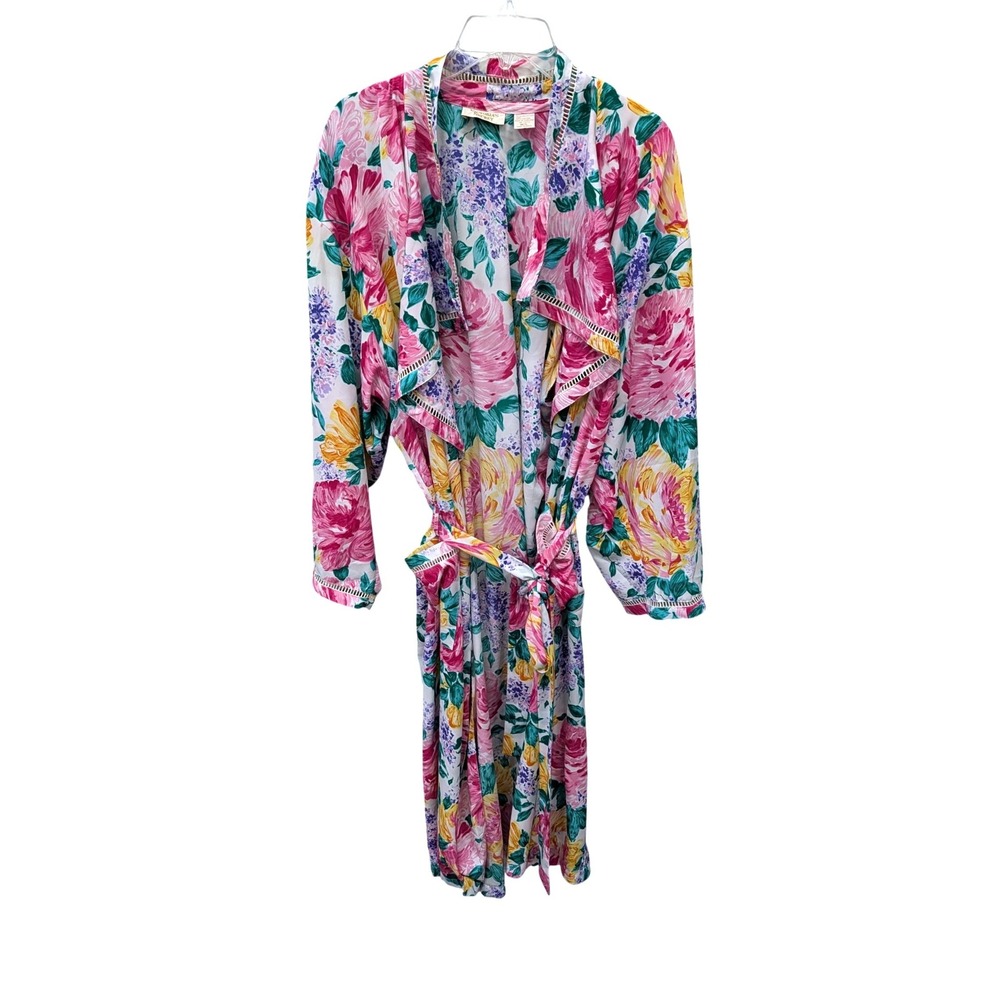 Vintage Victoria's Secret Gold Label Floral‎ Robe Satin Crochet Trim- M/L